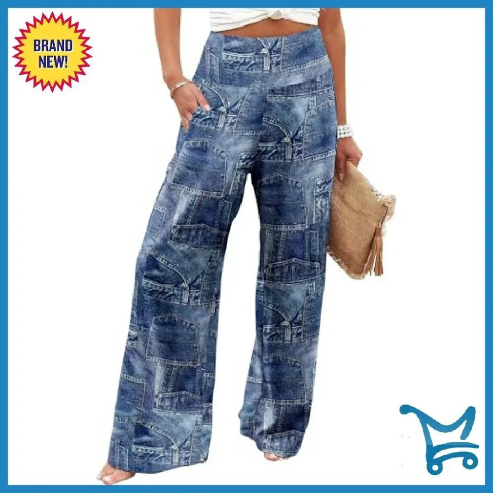 High Waist Wide Leg Lounge Pants with Pockets - Polyester Spandex